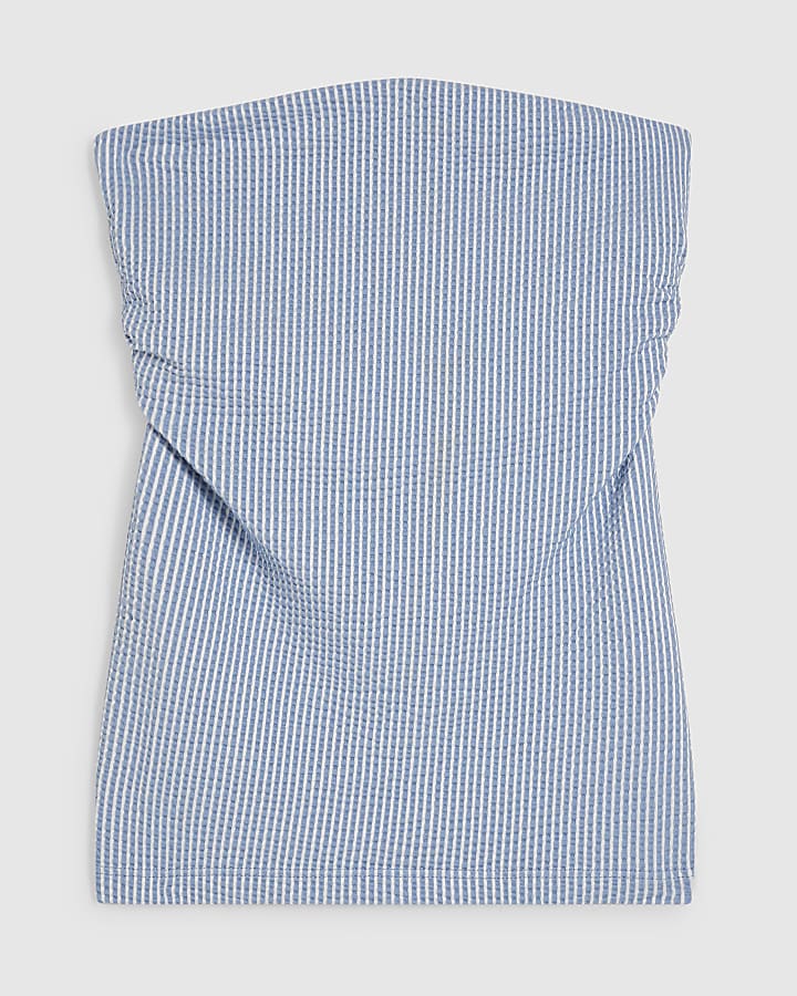 Blue Stripe Textured Ruched Bandeau Top