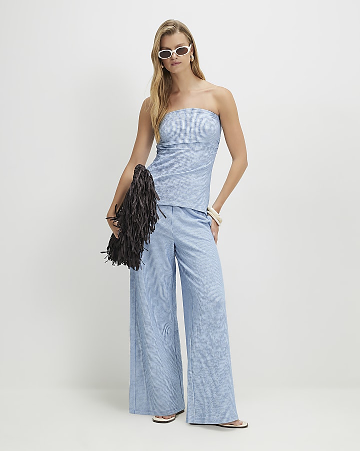 Blue Stripe Textured Ruched Bandeau Top