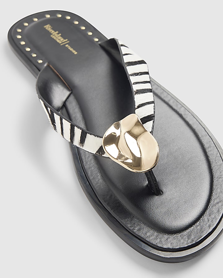 Black Zebra Hair On Leather Toe Thong Sandals