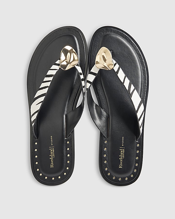 Black Zebra Hair On Leather Toe Thong Sandals