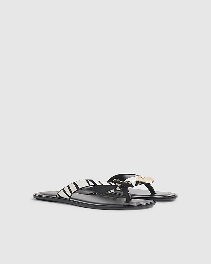 Black Zebra Hair On Leather Toe Thong Sandals