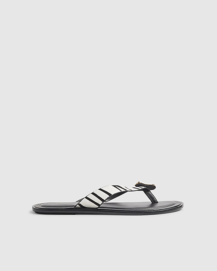 Black Zebra Hair On Leather Toe Thong Sandals