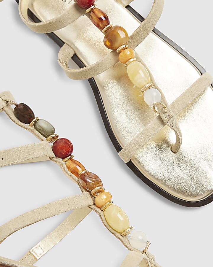 Beige Gem Embellished Gladiator Sandals