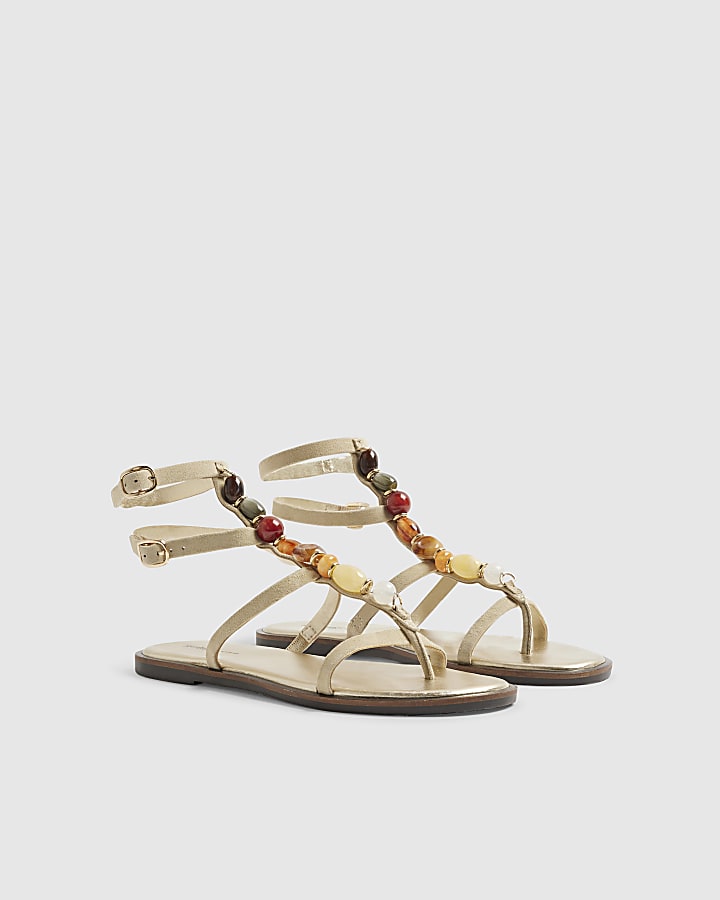 Beige Gem Embellished Gladiator Sandals