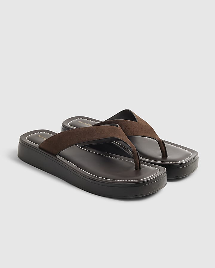 Brown Leather Flatform Toe Thong Sandals