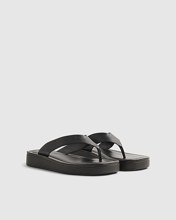 Black Leather Flatform Toe Thong Sandals