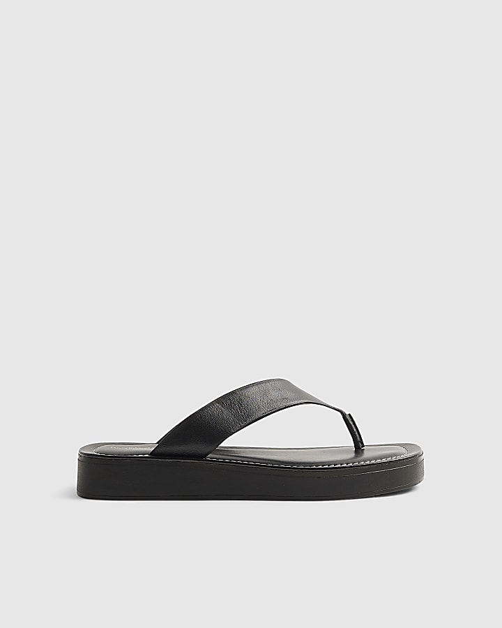 Black Leather Flatform Toe Thong Sandals