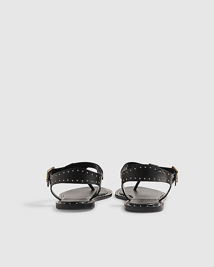 Black Leather Studded Toe Thong Sandals