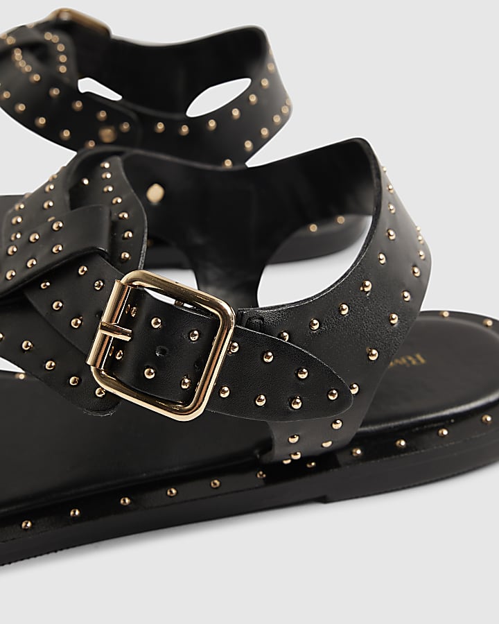 Black Leather Studded Toe Thong Sandals