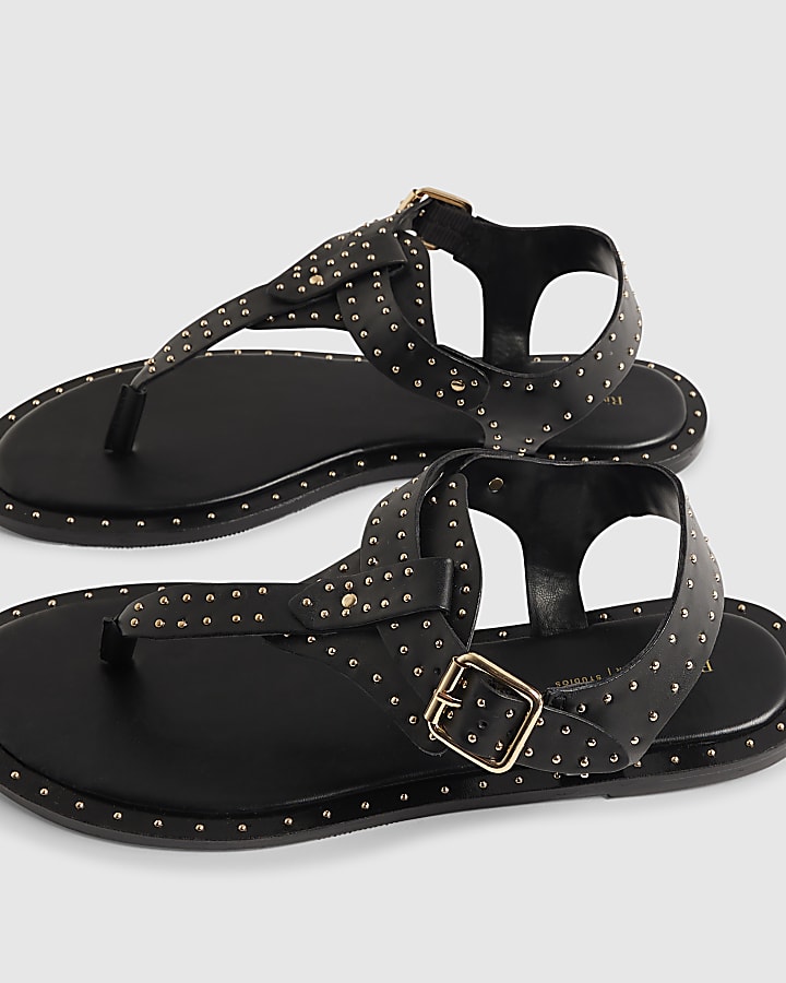 Black Leather Studded Toe Thong Sandals