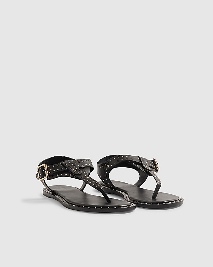 Black Leather Studded Toe Thong Sandals