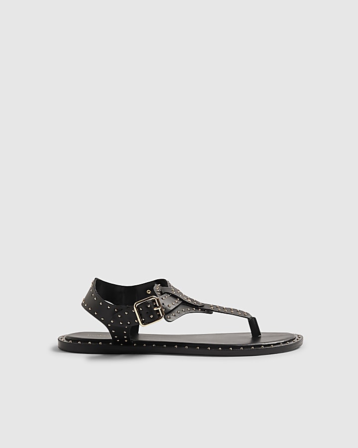 Black Leather Studded Toe Thong Sandals