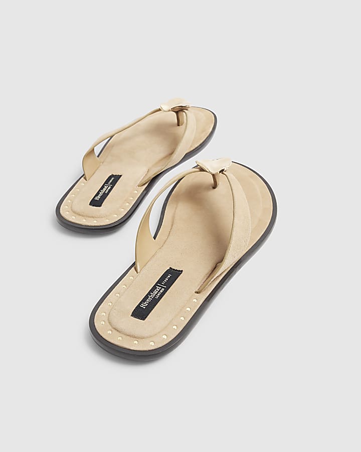 Beige Suede Toe Thong Flat Sandals