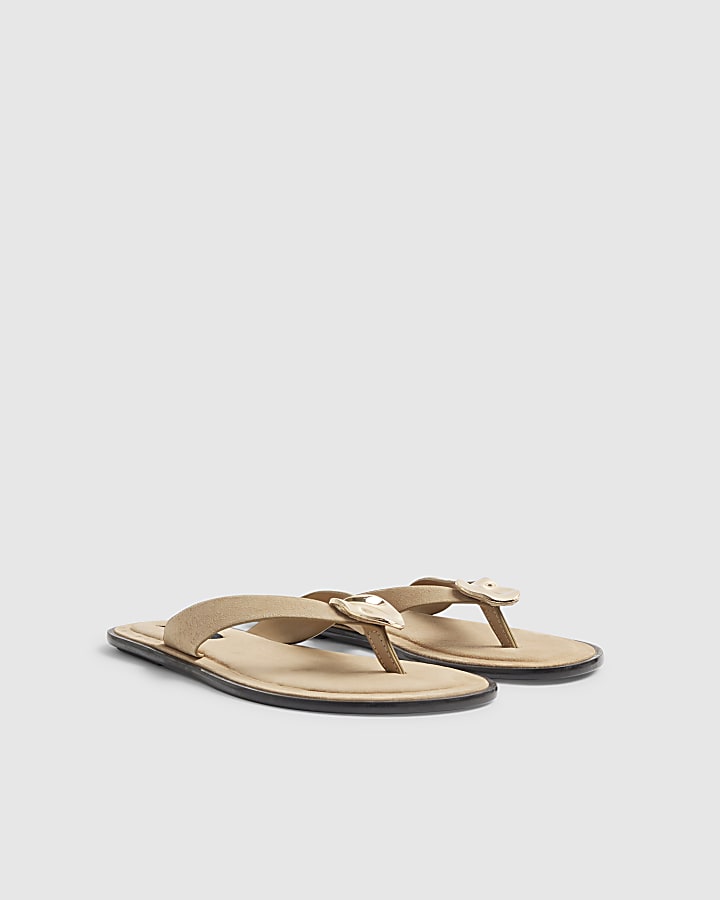 Beige Suede Toe Thong Flat Sandals