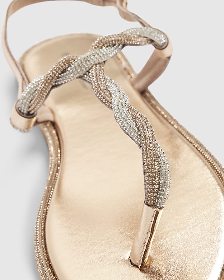 Rose Gold Twisted Diamante Toe Thong Sandals