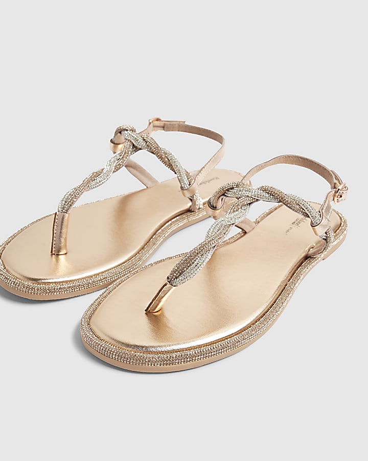 Rose Gold Twisted Diamante Toe Thong Sandals