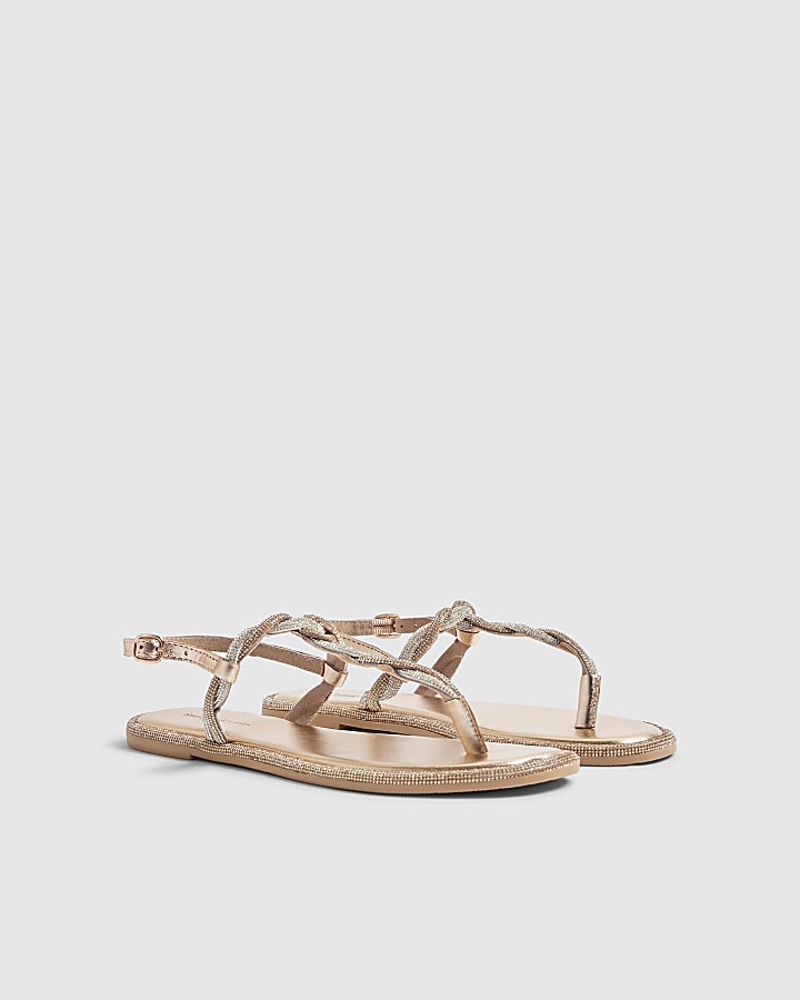 Rose Gold Twisted Diamante Toe Thong Sandals