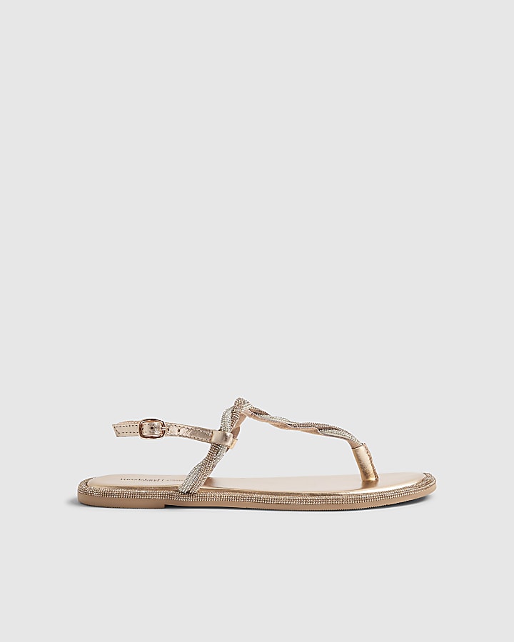 Rose Gold Twisted Diamante Toe Thong Sandals