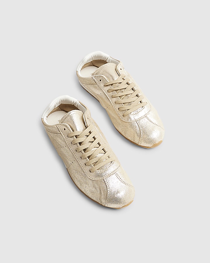 Gold Leather Lace Up Trainers