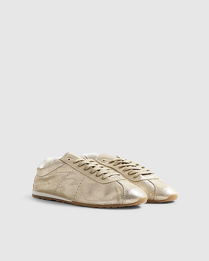 Gold Leather Lace Up Trainers