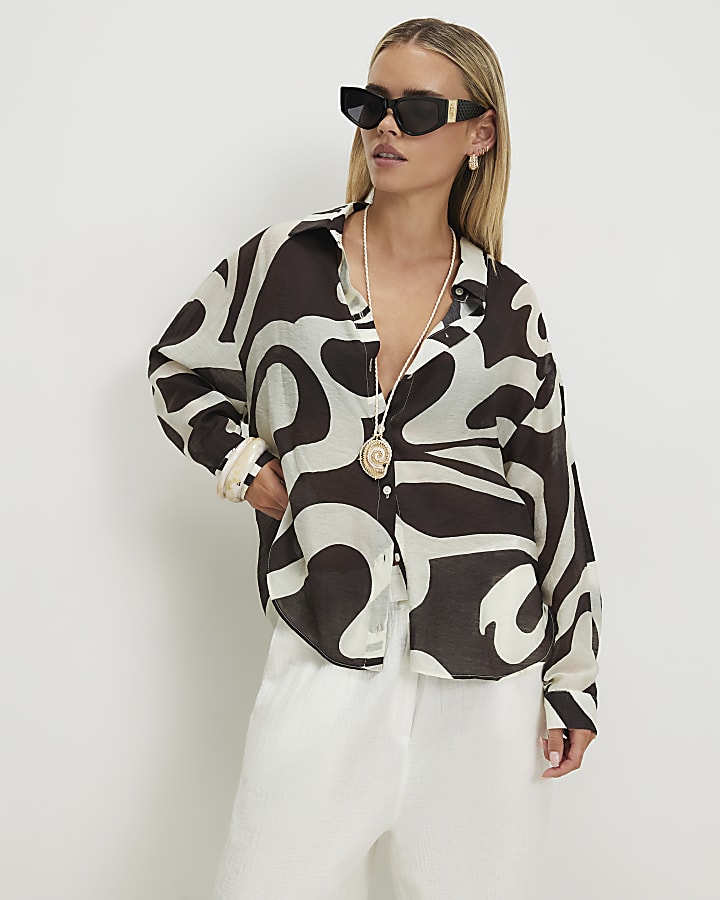 Petite Cream Abstract Print Long Sleeve Shirt