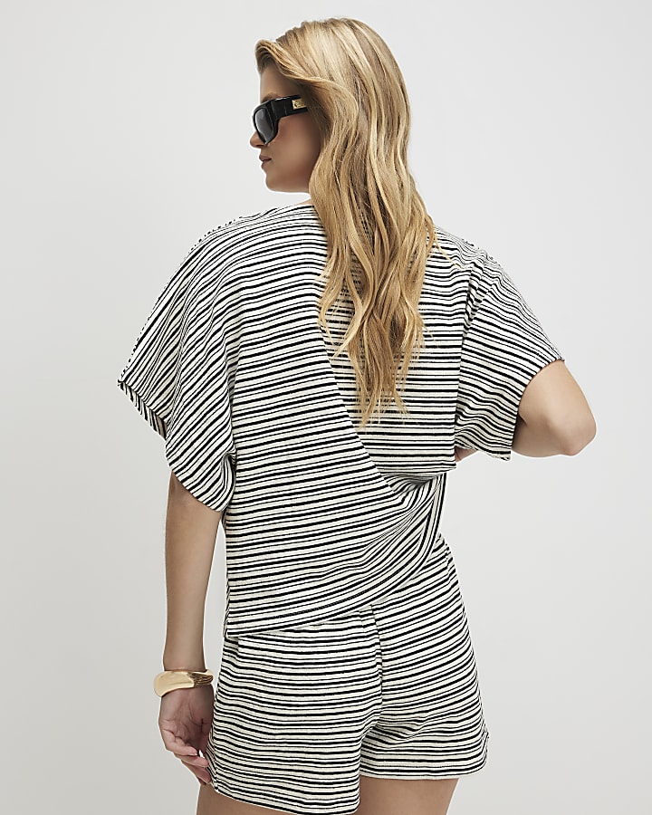 Black Cotton Stripe V Neck Batwing T-Shirt