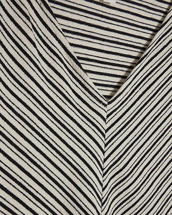 Black Cotton Stripe V Neck Batwing T-Shirt