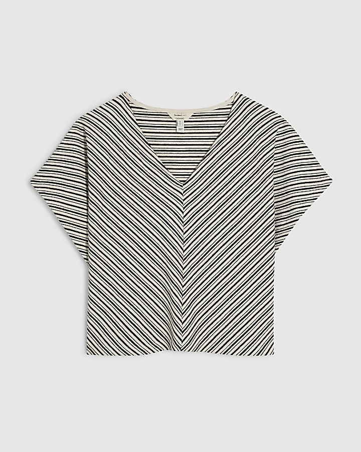 Black Cotton Stripe V Neck Batwing T-Shirt