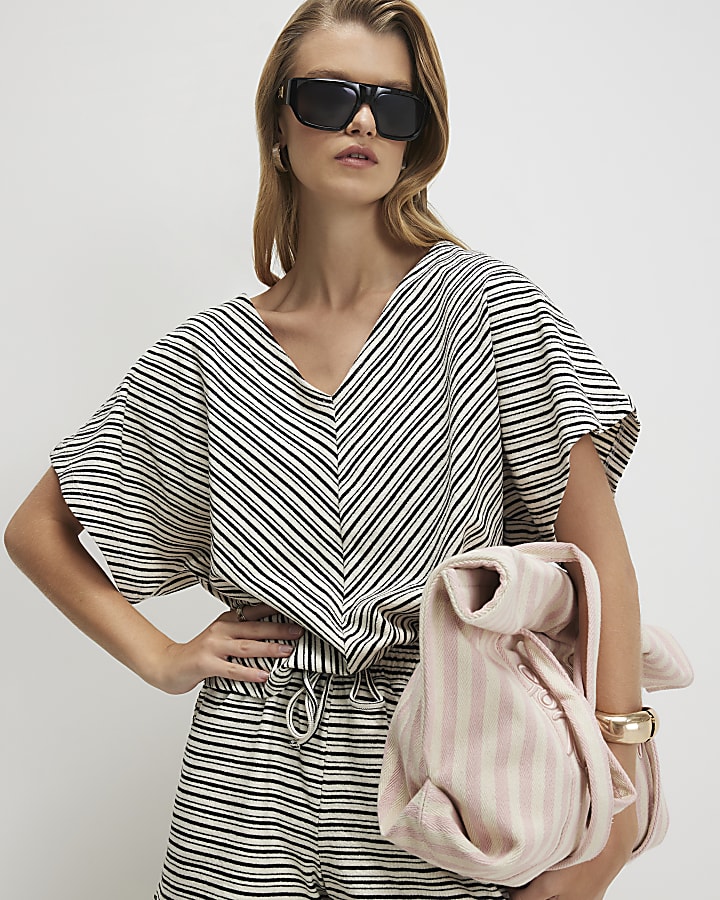 Black Cotton Stripe V Neck Batwing T-Shirt