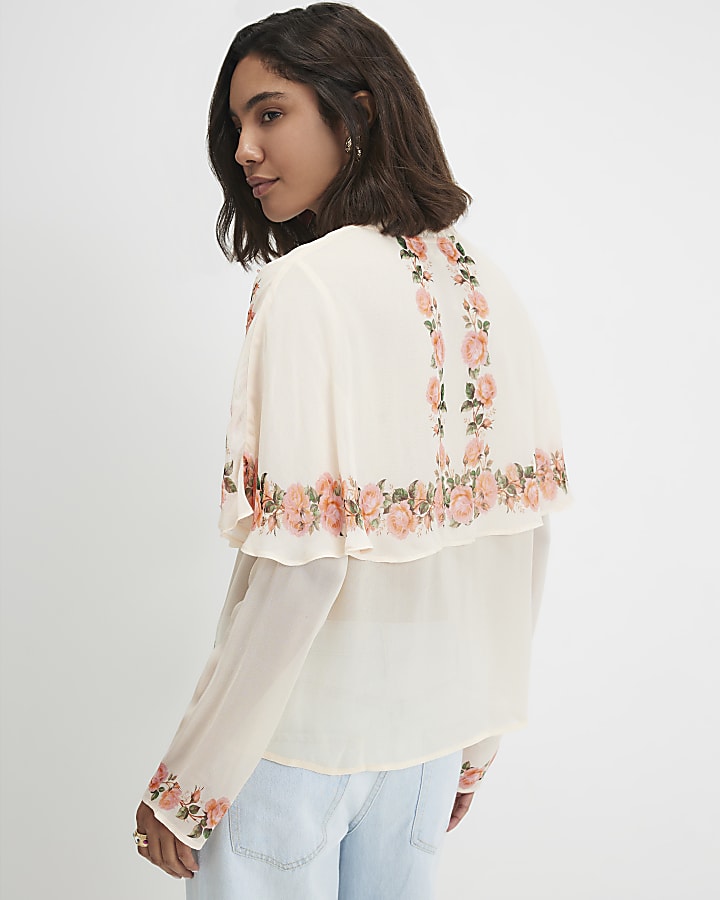 Cream Floral Print Cape Detail Top