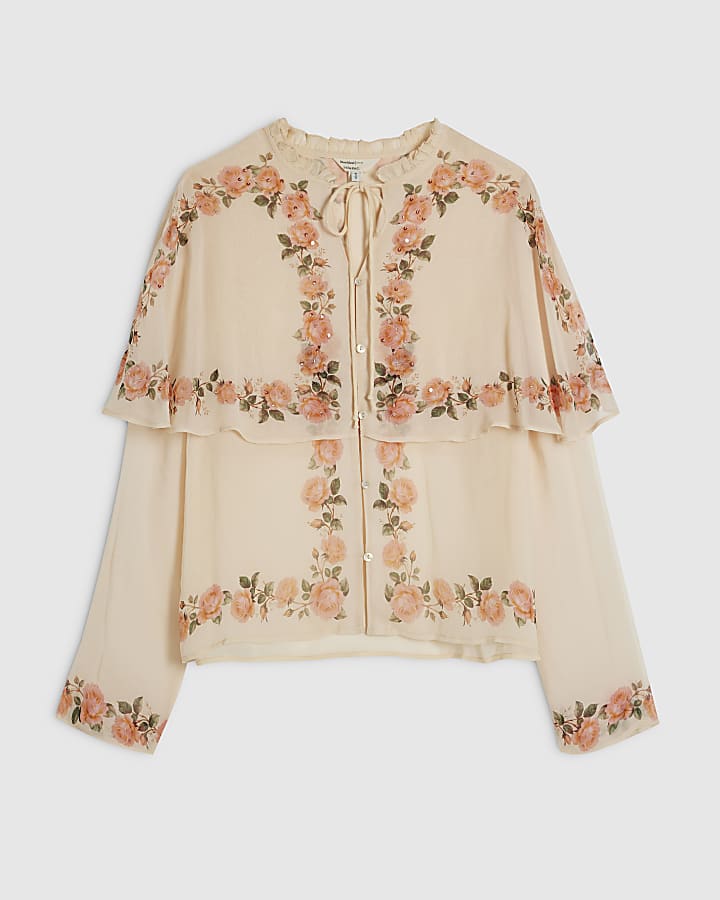 Cream Floral Print Cape Detail Top