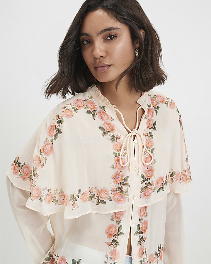 Cream Floral Print Cape Detail Top