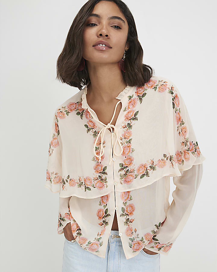 Cream Floral Print Cape Detail Top
