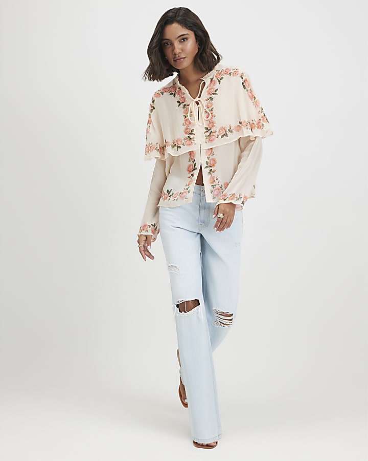 Cream Floral Print Cape Detail Top