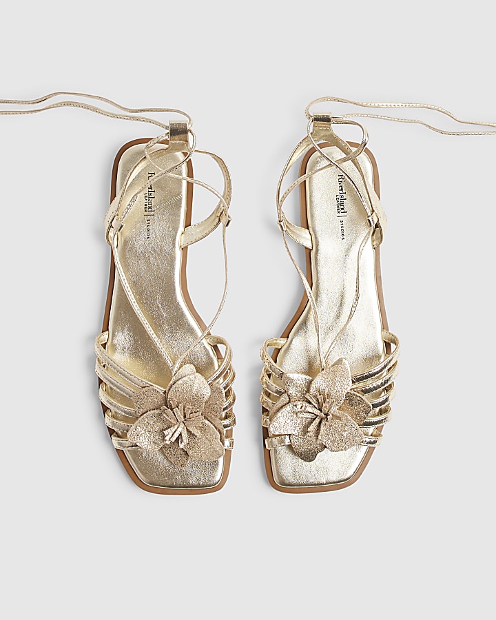 Gold 3D Flower Strappy Sandals
