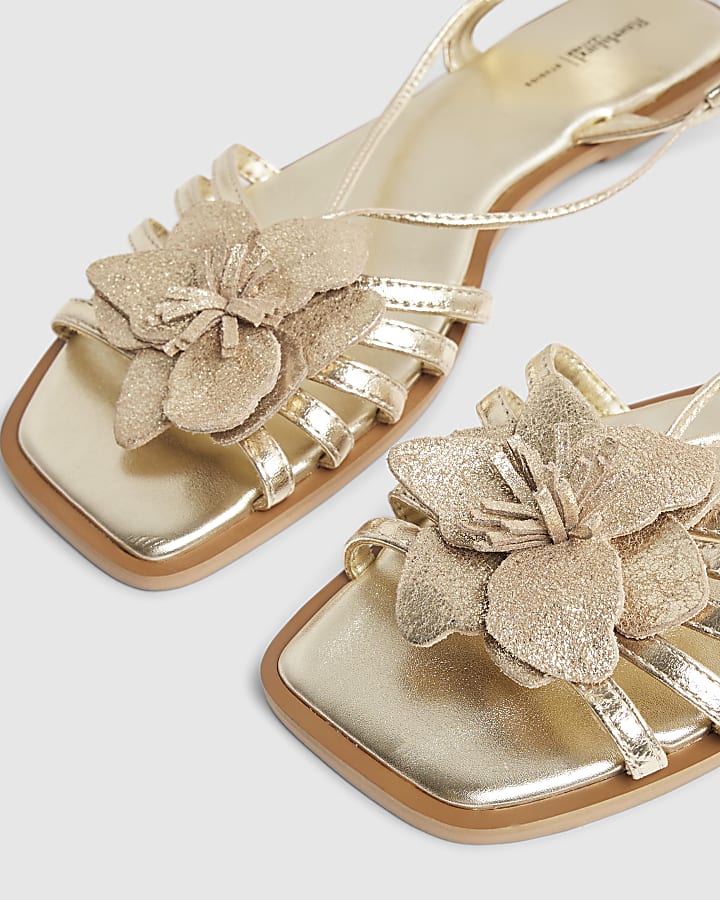 Gold 3D Flower Strappy Sandals