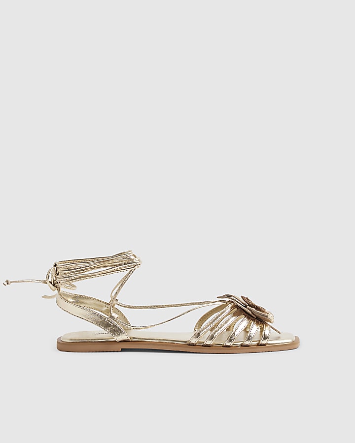 Gold 3D Flower Strappy Sandals