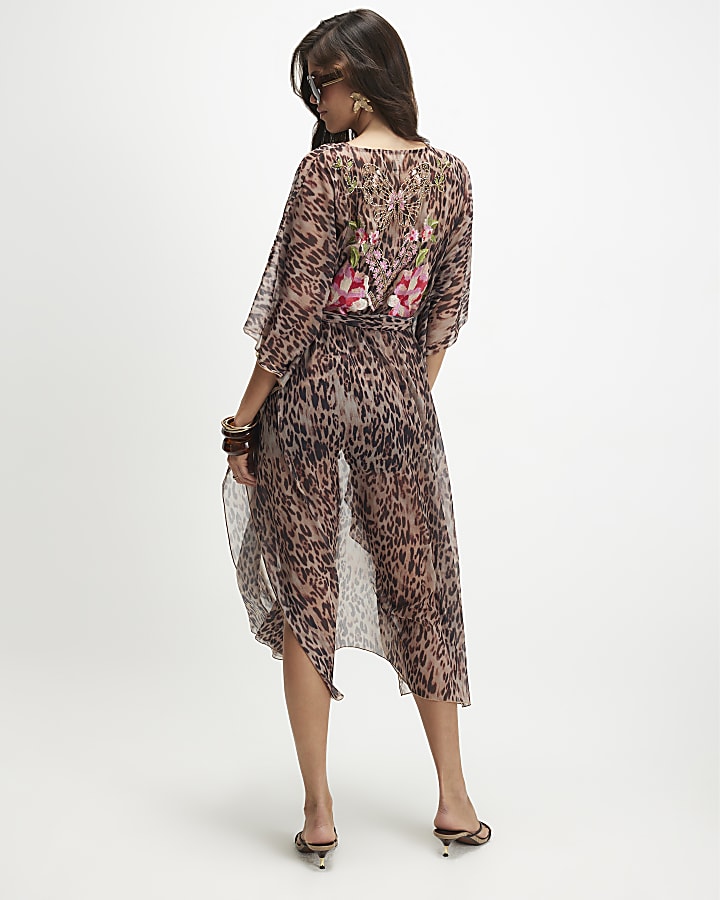 Brown Leopard Print Embroidered Kaftan