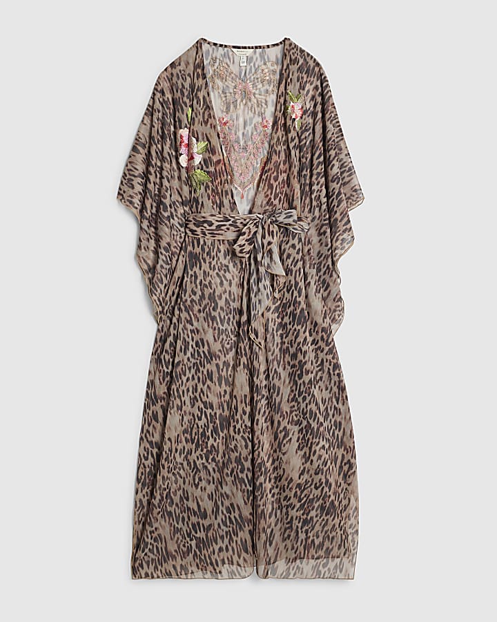 Brown Leopard Print Embroidered Kaftan