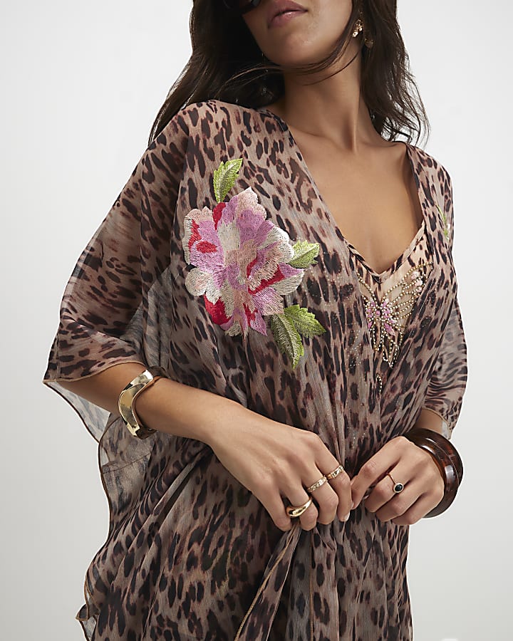 Brown Leopard Print Embroidered Kaftan