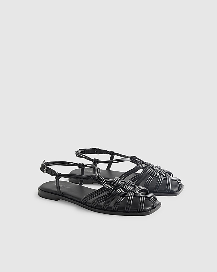 Black Leather Caged Sandals