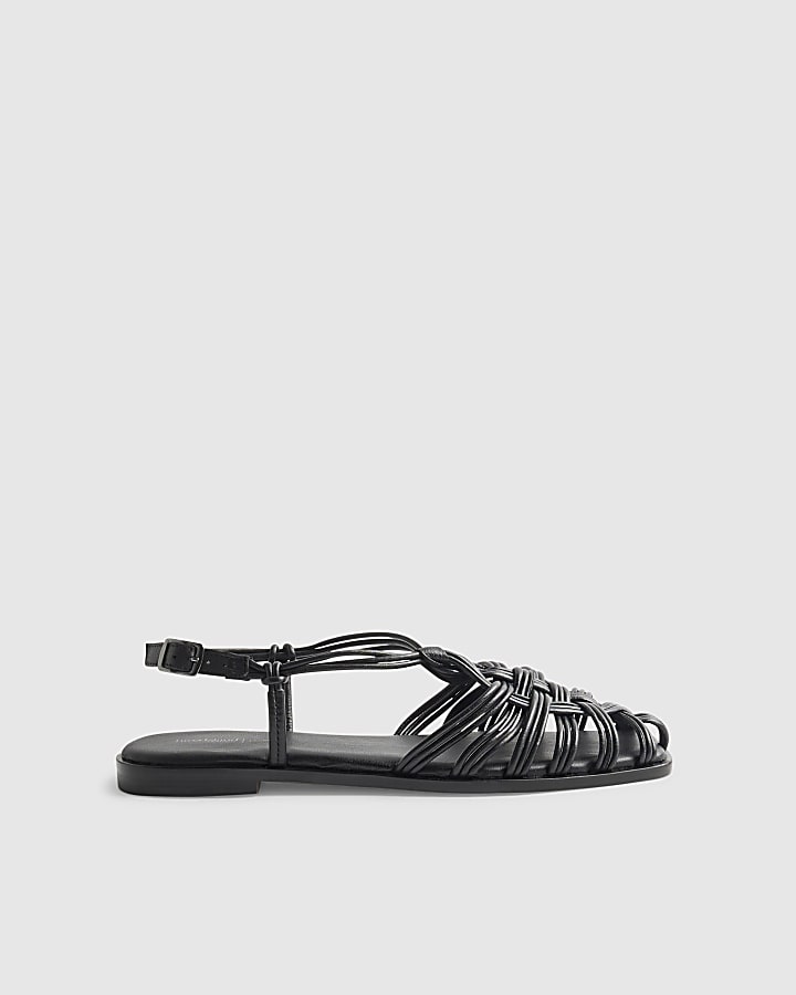 Black Leather Caged Sandals