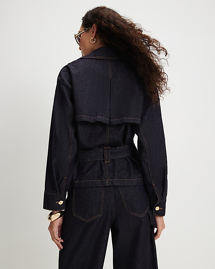 Navy Denim Belted Trench Coat