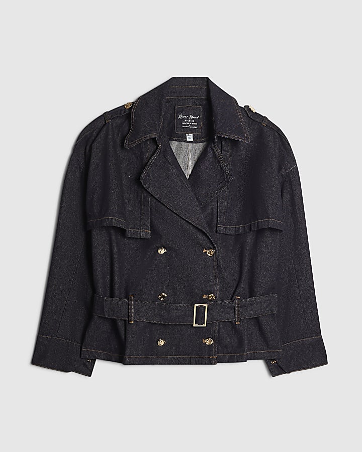 Navy Denim Belted Trench Coat