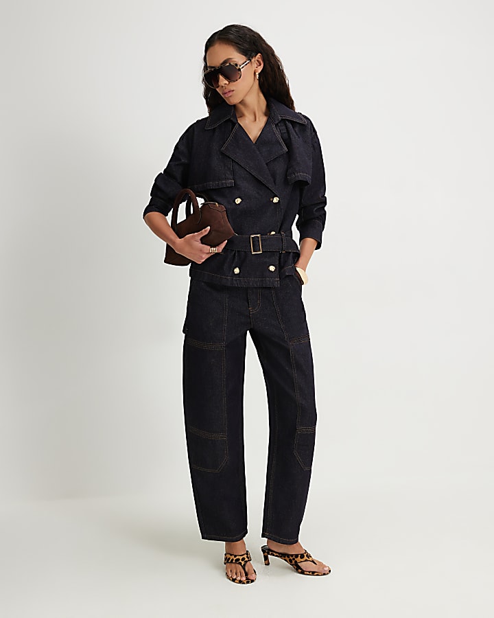 Navy Denim Belted Trench Coat