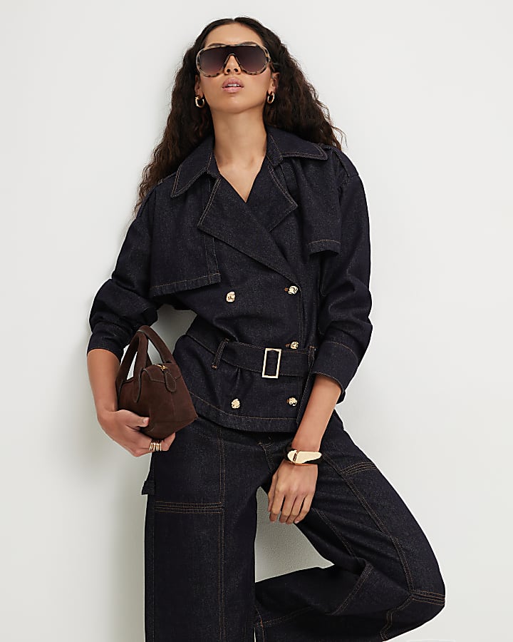 Navy Denim Belted Trench Coat