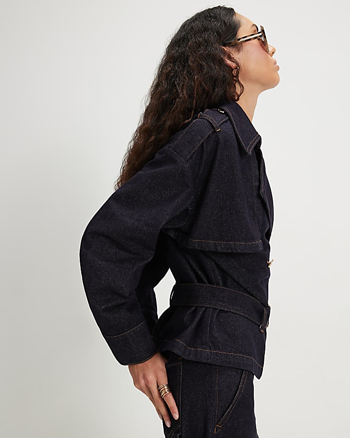 Navy Denim Belted Trench Coat