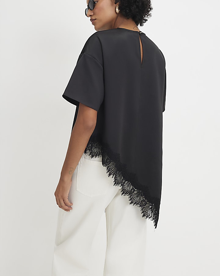 Black Asymmetric Satin Lace T-shirt