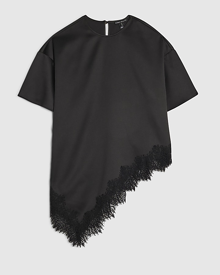 Black Asymmetric Satin Lace T-shirt