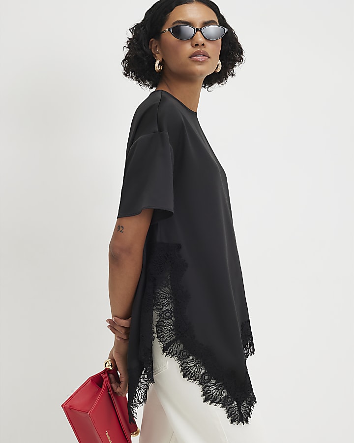 Black Asymmetric Satin Lace T-shirt